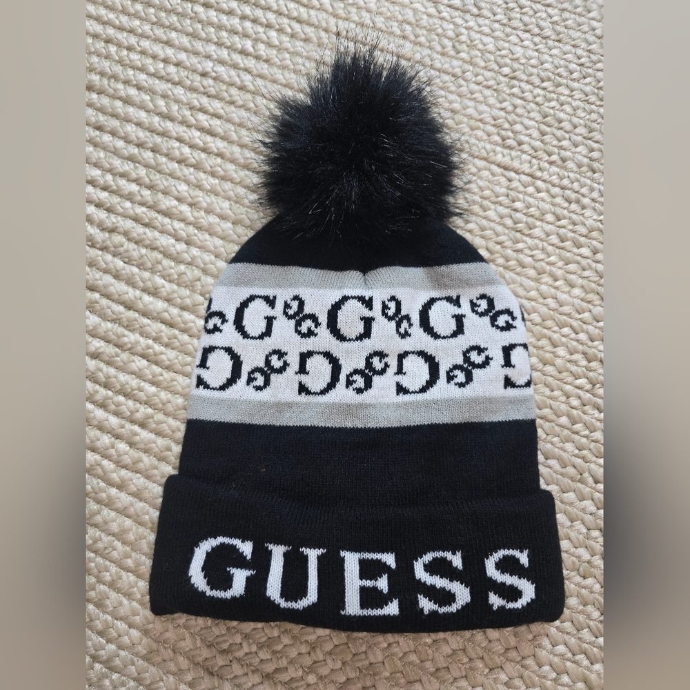 Guess Black and Gray Logo Beanie with Pom-Pom